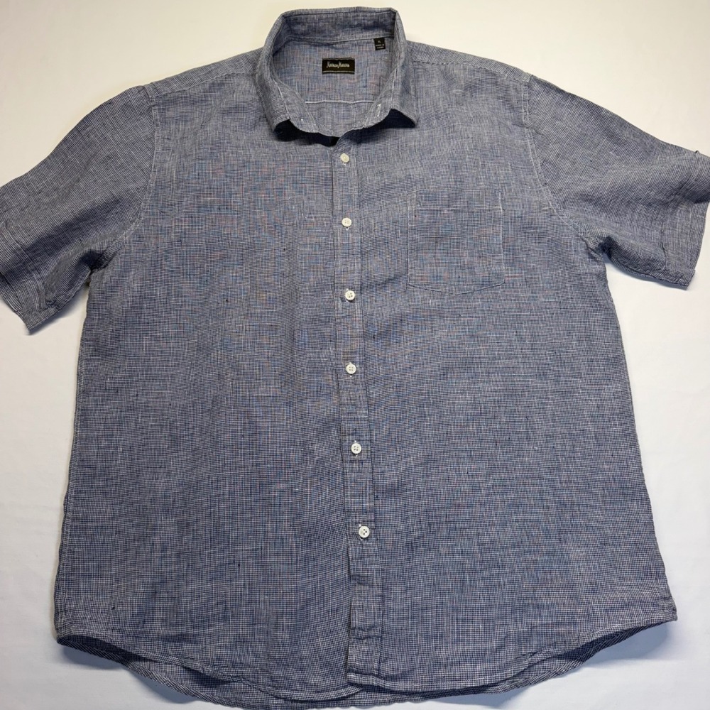 Neiman Marcus Linen Shirt Short Sleeve XL Blue Gingham Men Button Down Summer